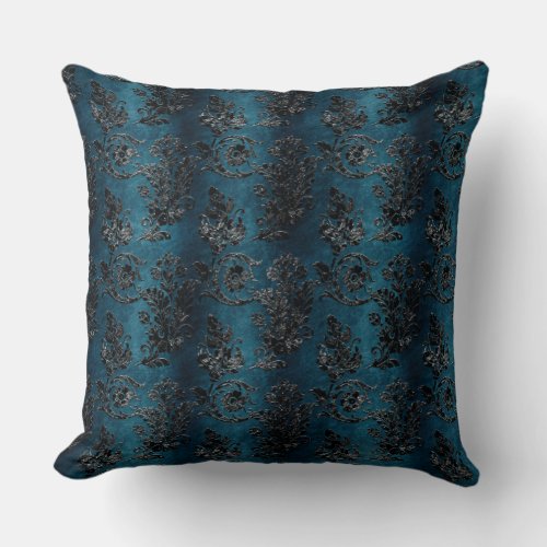 Vintage Black Floral Damask Blue Pattern Throw Pillow