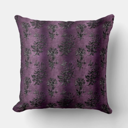 Vintage Black Floral Damask Dusky Purple Pattern Throw Pillow