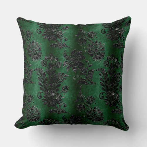 Vintage Black Floral Damask Forest Green Pattern Throw Pillow