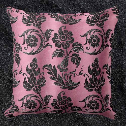 Vintage Black Floral Damask Pink Pattern Throw Pillow