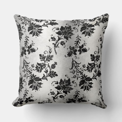 Vintage Black Floral Damask White Ivory Pattern Throw Pillow