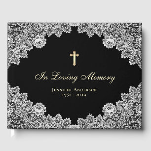 Vintage Black Floral Lace Memorial Funeral Photo Guest Book