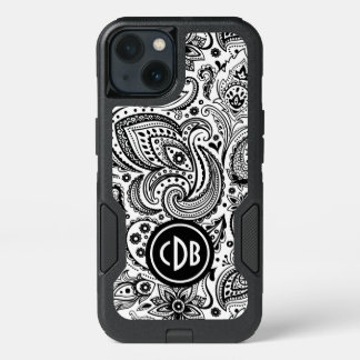 Vintage Black Floral Paisley Pattern Over White iPhone 13 Case