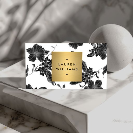 Customizable Elegant Black Floral Pattern 4 with Gold Name Logo Business Cards