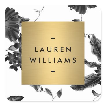 Vintage Black Floral Pattern Personalized Square Sticker ...