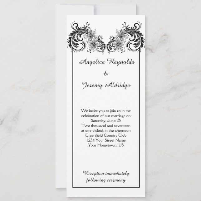 Vintage Black Floral Swirls Wedding Invitation (Front)