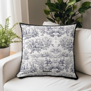 Vintage Black Floral Toile de Jouy Monogram Throw Pillow