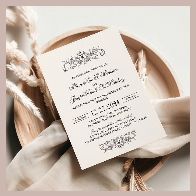 Vintage Black Flourish Elegant Wedding Invitation (Elegant Modern Wedding Invitation 5x7)