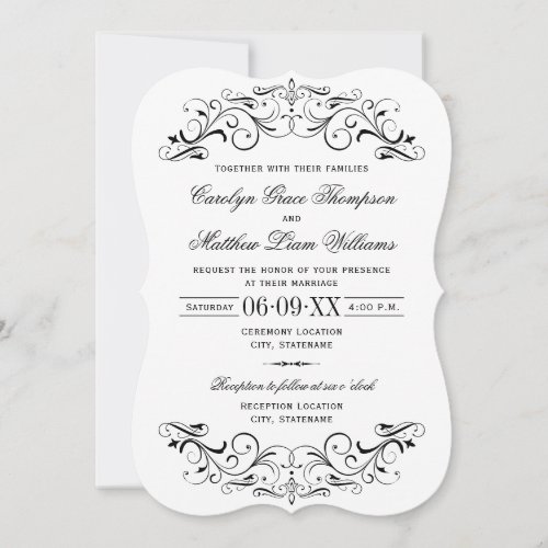 Vintage Black Flourish White Wedding Invitation