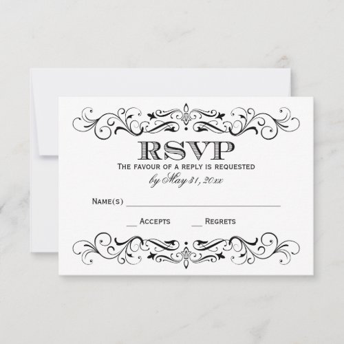 Vintage Black Flourish White Wedding RSVP Card