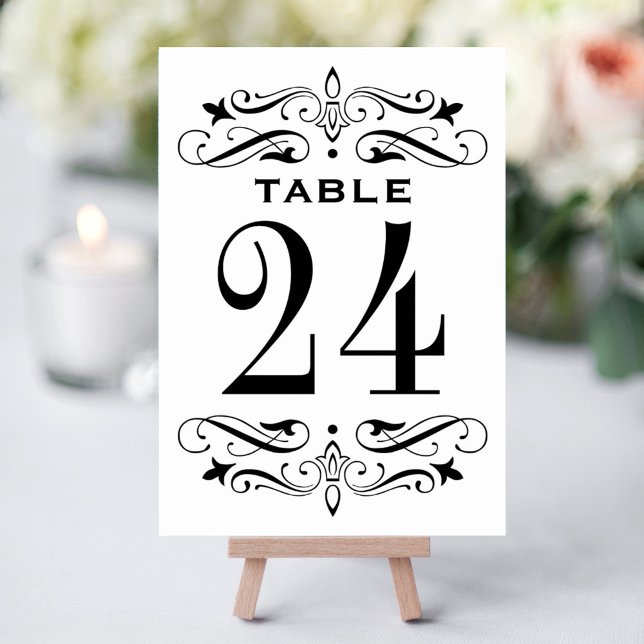 Vintage Black Flourish White Wedding Table Number (Creator Uploaded)