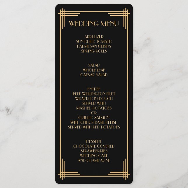 Vintage Black Gatsby Art Deco Wedding Menu (Front)