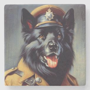 Vintage Black German Shepherd Painting Stone Coaster