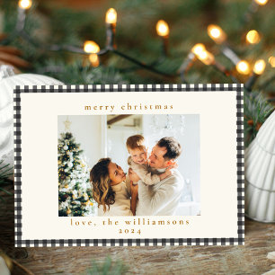 Vintage Black Gingham Plaid Custom Photo Christmas Holiday Card