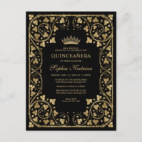 Vintage Black Glam Gold Frame Tiara Quinceanera Invitation Postcard