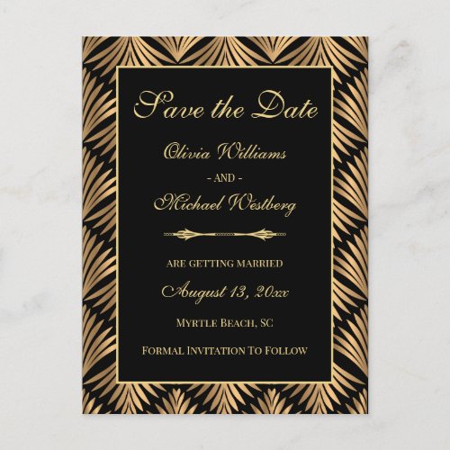 Vintage Black Gold Art Deco Gatsby Save The Date Postcard