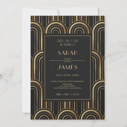 Vintage Black  Gold Art Deco Pattern Wedding  Invitation
