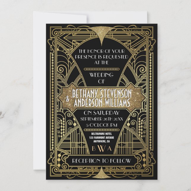 Vintage Black & Gold Art Deco Wedding Invitations (Front)