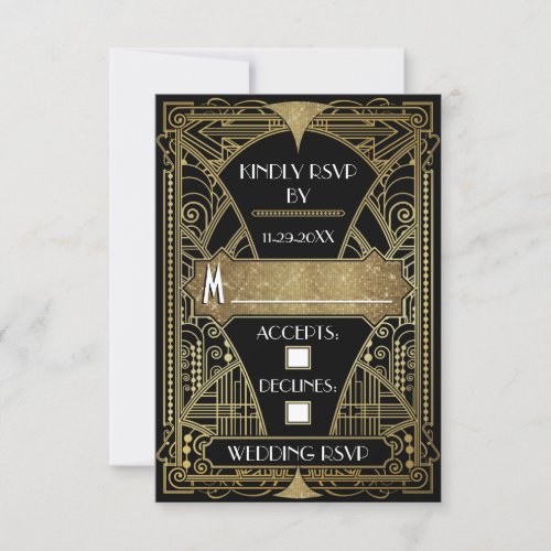 Vintage Black  Gold Art Deco Wedding RSVP Cards