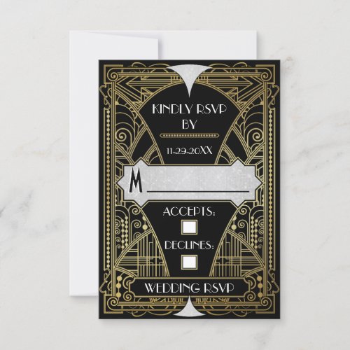 Vintage Black  Gold Art Deco Wedding RSVP Cards