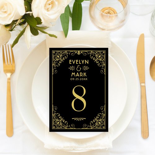 Vintage Black Gold Art Deco Wedding Table Number