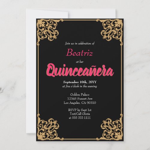 Vintage Black Gold Baroque Frame Pink Quinceaera Invitation