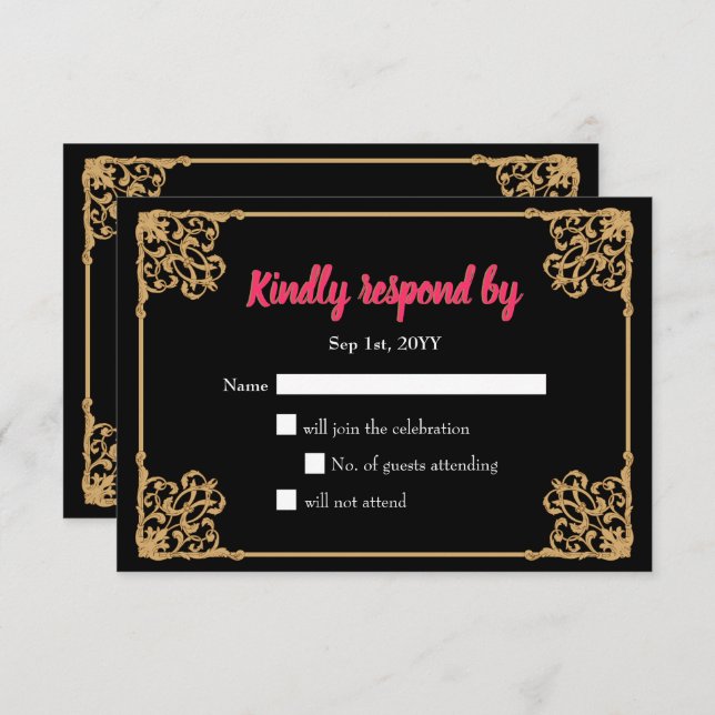 Vintage Black Gold Baroque Frame Pink Rsvp Card (Front/Back)
