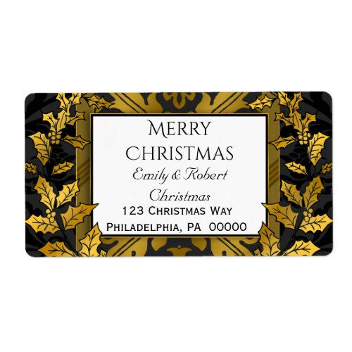 Vintage Black Gold Damask  Holly Merry Christmas  Label
