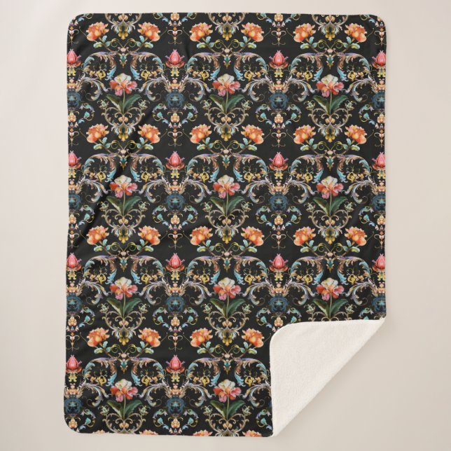Vintage black gold damask pattern sherpa blanket (Front)