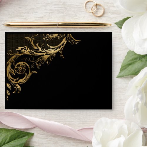 Vintage Black Gold Damask Wedding Return Address Envelope