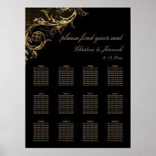 Vintage Black Gold Damask Wedding Seating Poster