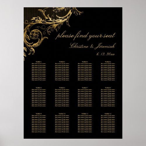 Vintage Black Gold Damask Wedding Seating Poster