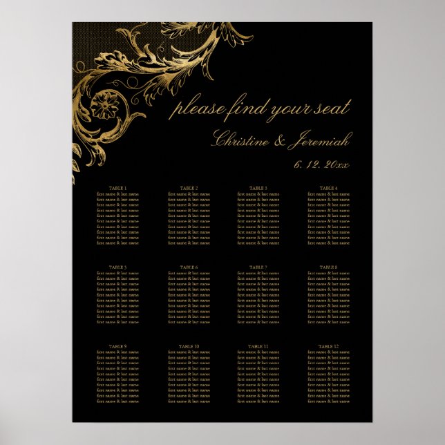 Vintage Black Gold Damask Wedding Seating Poster (Front)