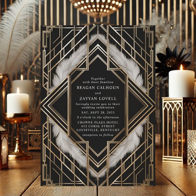 Vintage Black Gold Feather Art Deco Wedding Invitation (Creator Uploaded)