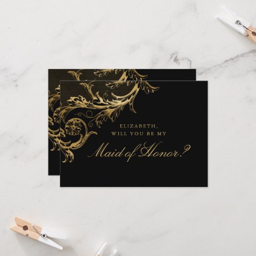 Vintage Black Gold Floral Damask Maid of Honor Invitation