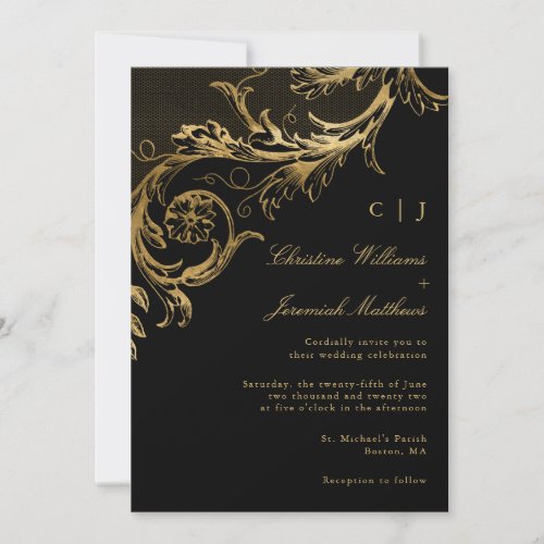 Vintage Black Gold Floral Damask Monogram Wedding Invitation