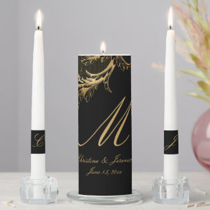 Vintage Black Gold Floral Damask Monogram Wedding Unity Candle Set