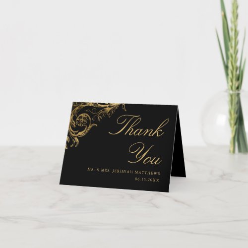 Vintage Black Gold Floral Damask Photo Wedding Thank You Card