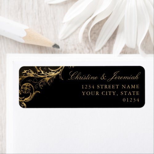 Vintage Black Gold Floral Damask Return Address Label