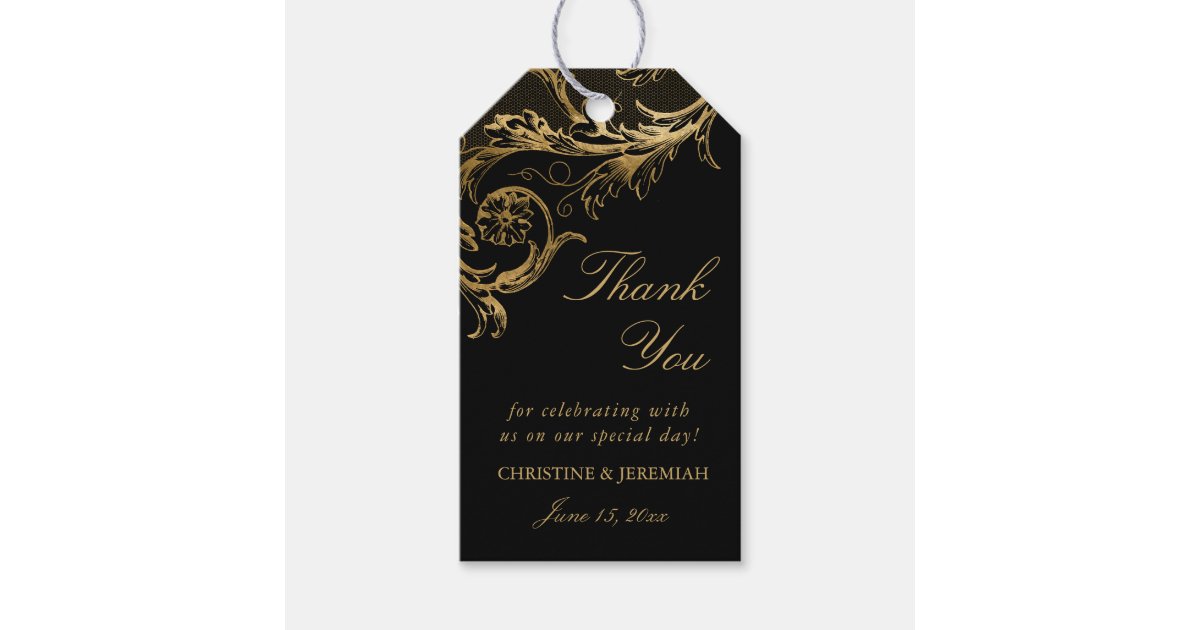 Vintage Black Gold Floral Damask Script Wedding Gift Tags | Zazzle