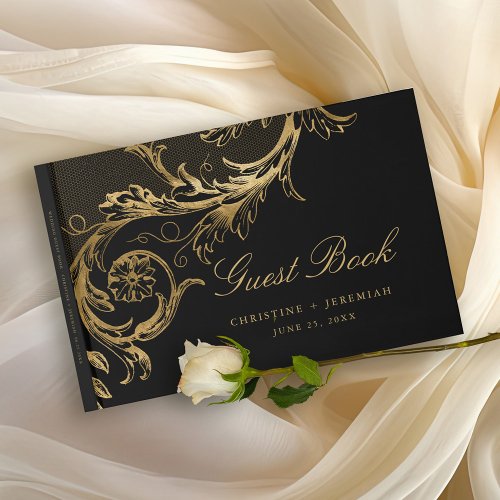 Vintage Black Gold Floral Damask Script Wedding Guest Book