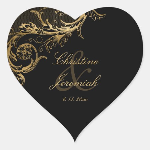 Vintage Black Gold Floral Damask Script Wedding Heart Sticker