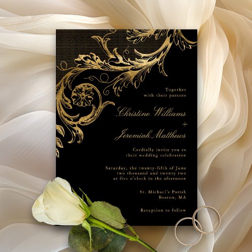Vintage Black Gold Floral Damask Script Wedding Invitation