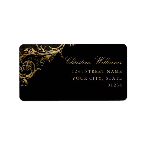 Vintage Black Gold Floral Damask Script Wedding Label