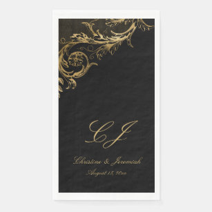 Vintage Black Gold Floral Damask Script Wedding Paper Guest Towels