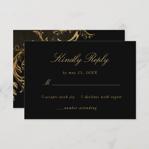 Vintage Black Gold Floral Damask Script Wedding RSVP Card