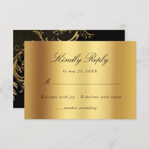 Vintage Black Gold Floral Damask Script Wedding RSVP Card