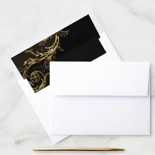 Vintage Black Gold Floral Damask Wedding Envelope Liner