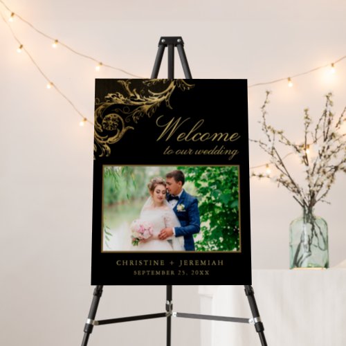 Vintage Black Gold Floral Damask Wedding Welcome Foam Board