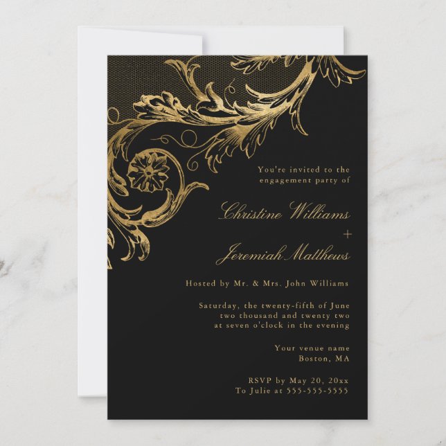 Vintage Black Gold Floral Engagement Party Invitation (Front)